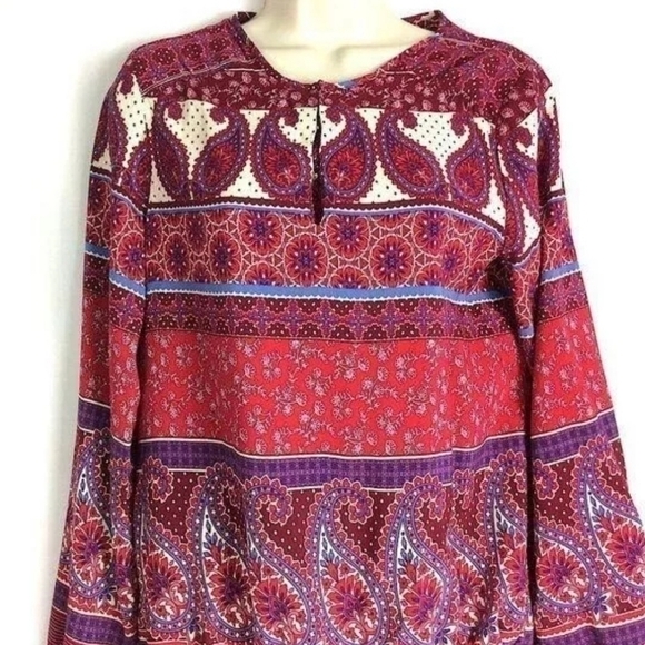 Crosby Boho Paisley Tie Gathered Waist Long Sleeve Blouse Women's M Fall - Picture 3 of 12